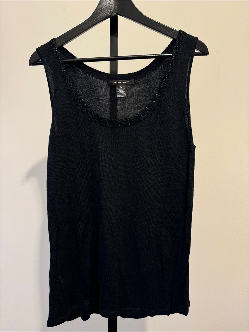 Ellen Tracy Black Sleeveless Knit Tank Top With Beaded Neckline